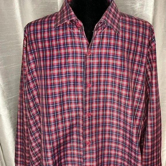 Fusion Men’s 18 1/2 34/35 Red White Blue Checkered Long Sleeve Button Down Shirt - Picture 2 of 7